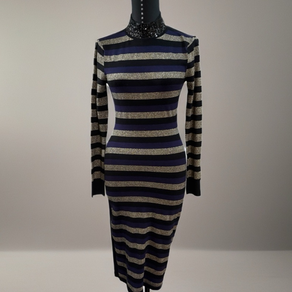 Eliza J Black and Gold Striped Long Sleeve Dress